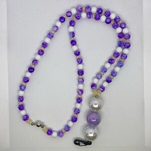 Purple and white beaded lanyard